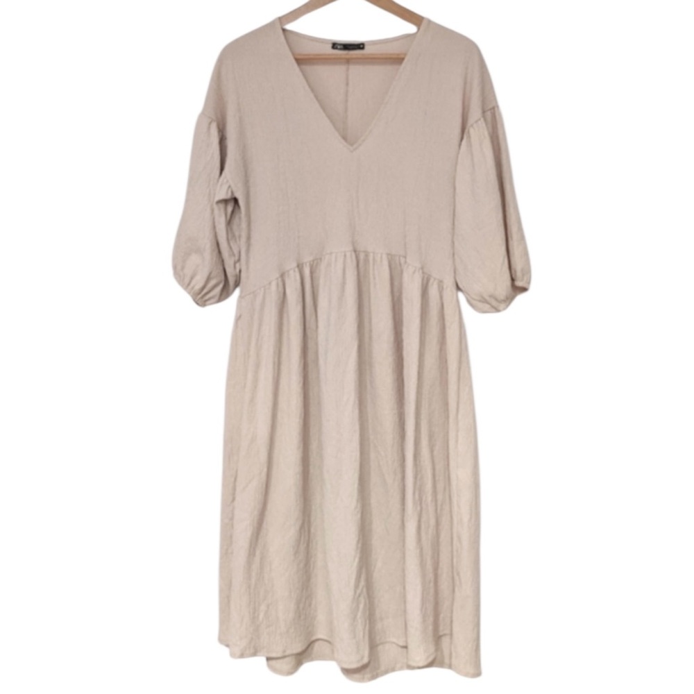 Zara Babydoll Dress M Crinkle Crepe Balloon Sleeve Lagenlook Peasant Folk Midi - Picture 2 of 9